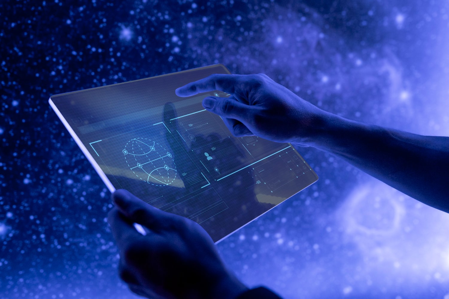 Two hands holding a digital device with the expansive matrix in the background.